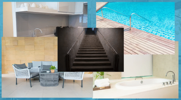 Composición visual que muestra ejemplos de uso de Impercrom Flex en terrazas, piscinas, baños, muros y escaleras exteriores