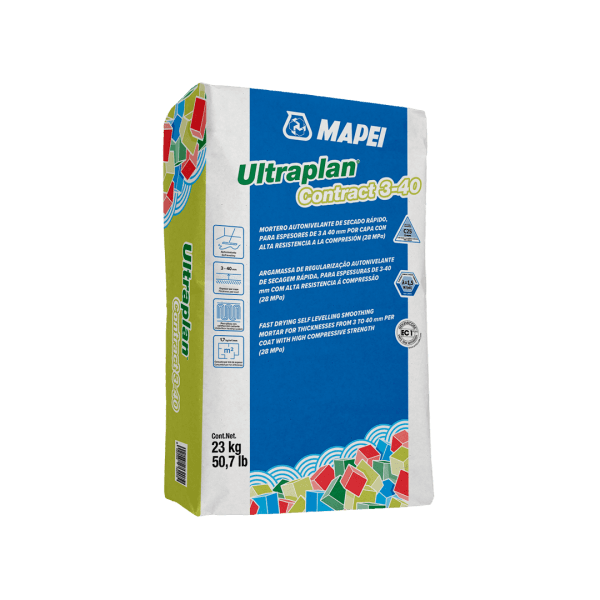 Saco de Ultraplan Contract 3-40 de Mapei, mortero autonivelante cementicio para nivelación de pisos interiores, formato 20 kg